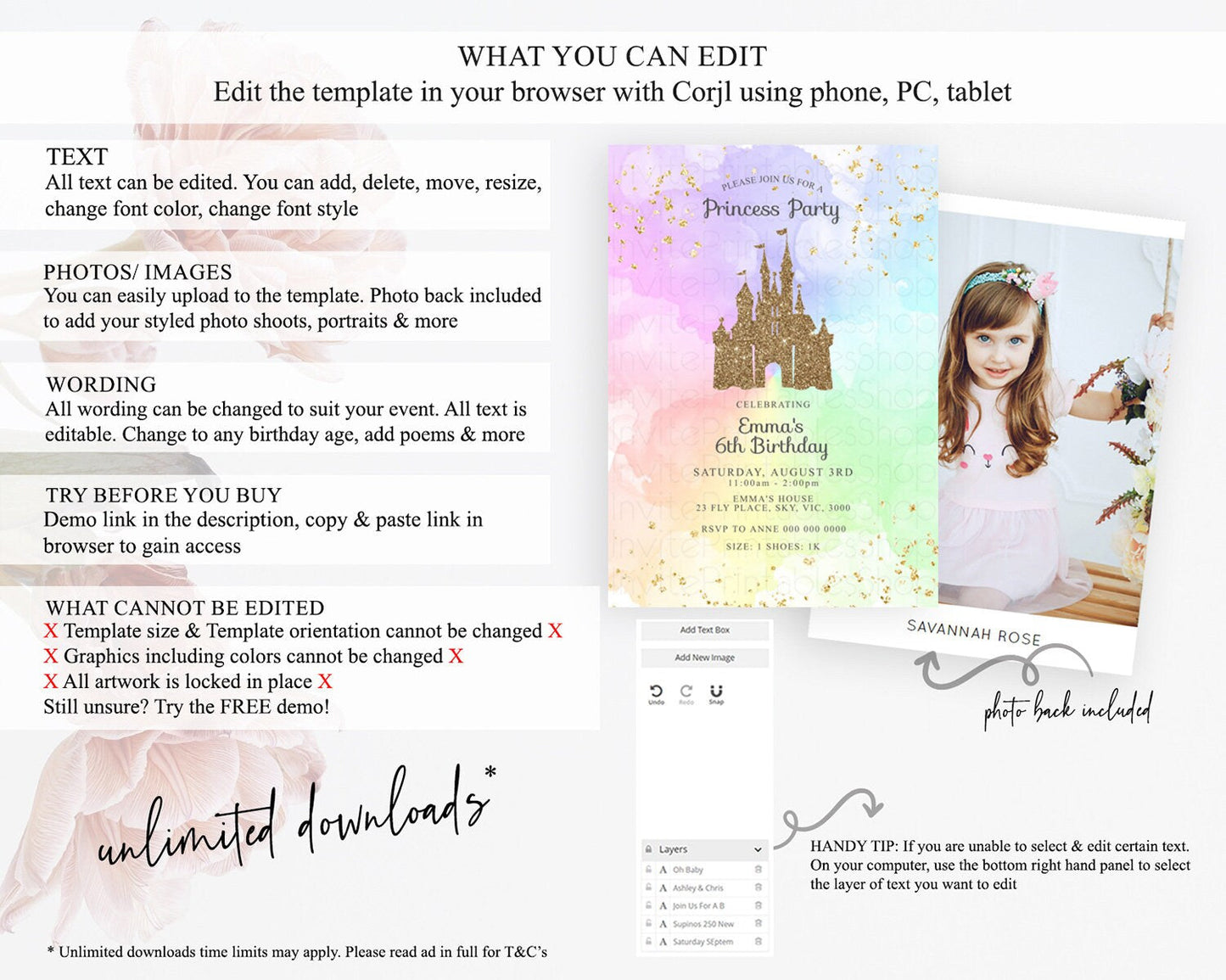 Princess Birthday Invitation Princess Invitation Pastel Invitation Royal Birthday Rainbow Color Enchanted Castle 1st First Birthday D10703