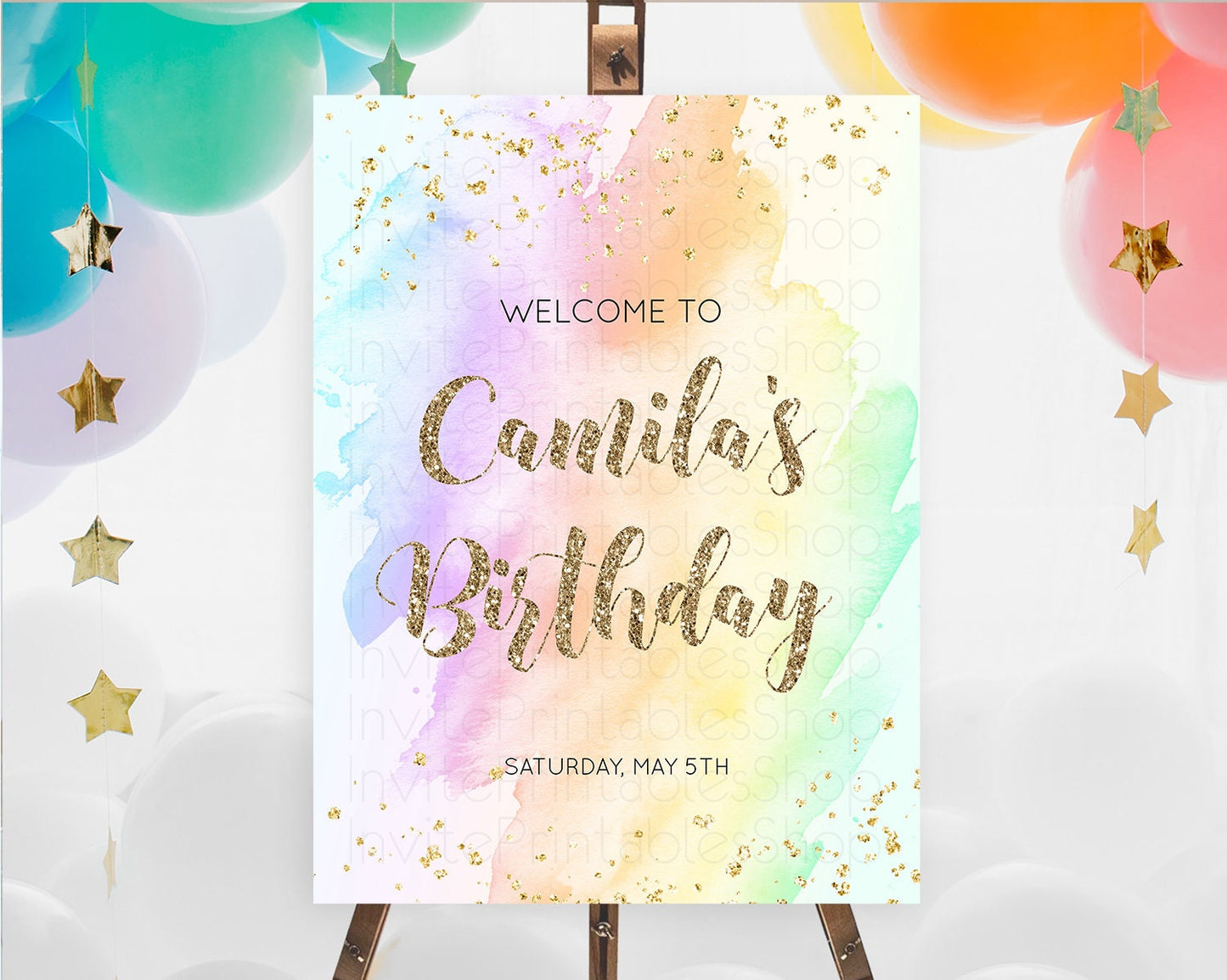 Pastel Welcome Sign Pastel Rainbow Welcome Sign Colorful Rainbow Confetti Watercolor Glitter Pastel First Birthday Welcome Sign D10643