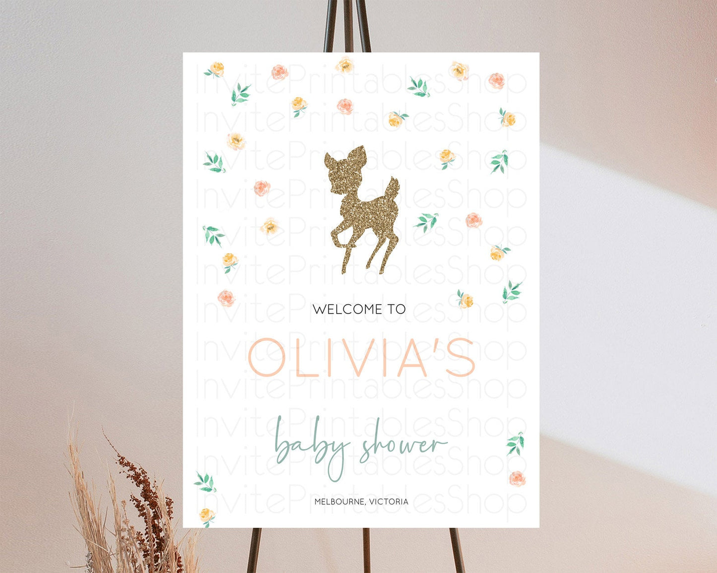 Fawn Baby Shower Welcome Sign Deer Welcome Board Floral Deer Welcome Poster Enchanted Forest Butterfly Pastel Floral Welcome Sign D10355