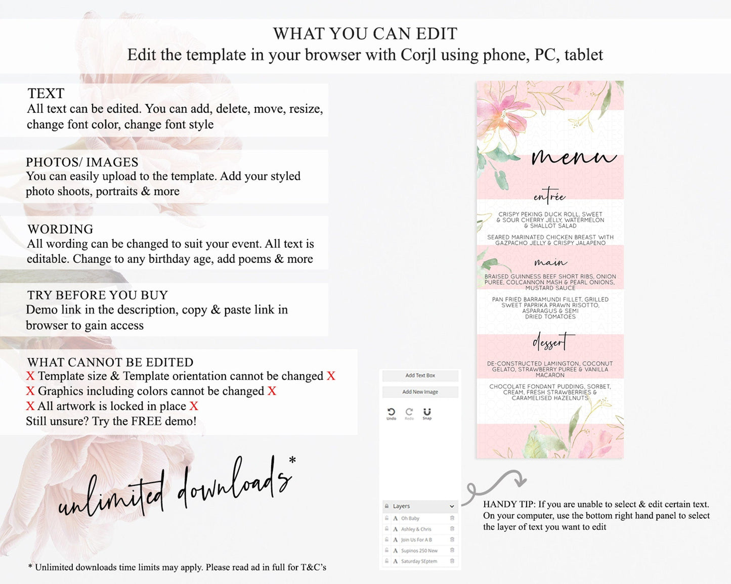 Secret Garden Menu Wildflower Menu Template Pastel Flower Garden Table Decor Boho Floral Dinner Dessert Floral Party Food Menu D10300