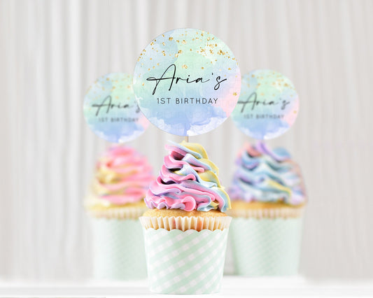 Editable Rainbow Cupcake Toppers Pastel Cupcake Toppers Colorful Pastel Wate
