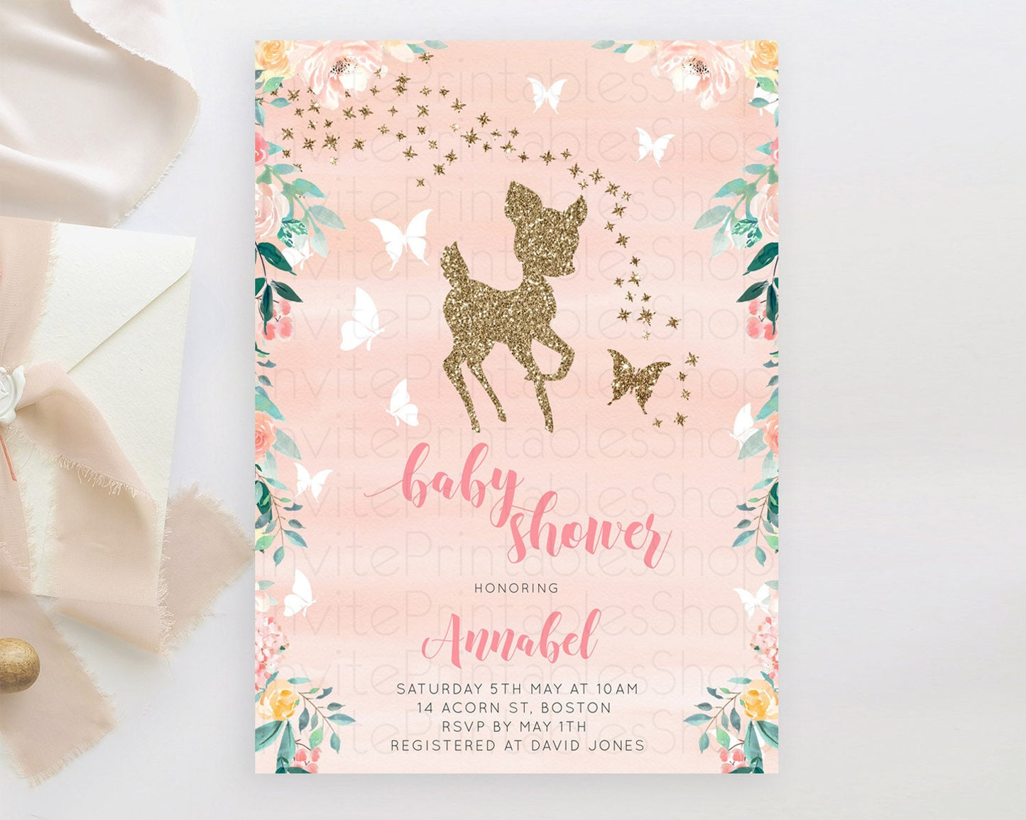 Fawn Baby Shower Invitation, Enchanted Forest, Deer, Whimsical Butterfly, Pastel Flowers, Orange Watercolor, Glitter, Magical Accents D10873