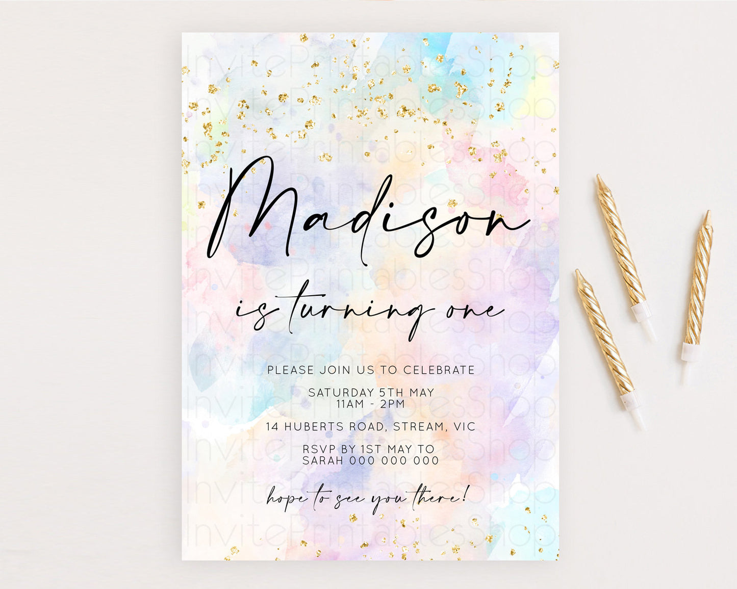 Rainbow Birthday Invitation Colorful Pastel Watercolor Invitation Gold Glitter Sprinkles Ombre Pastel 1st 2nd 3rd Birthday D10605