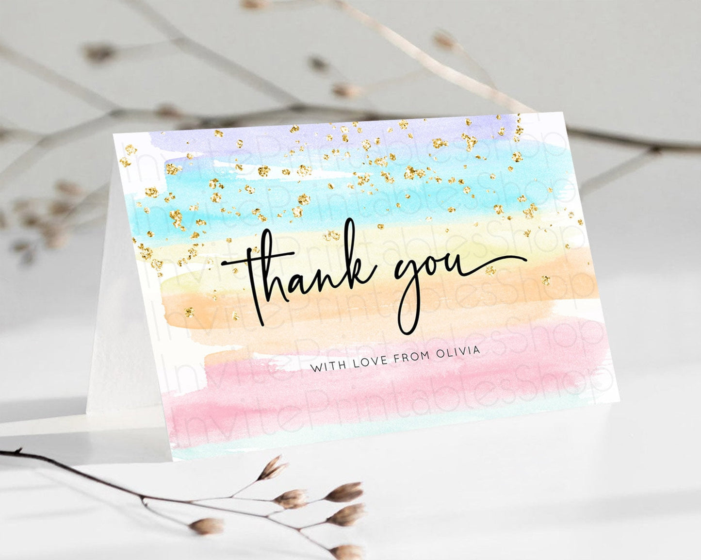 Pastel Thank You Rainbow Thank You Card Colorful Pastel Birthday Thank You Card Confetti Watercolor Pastel Teacher Thank You Cards D10505