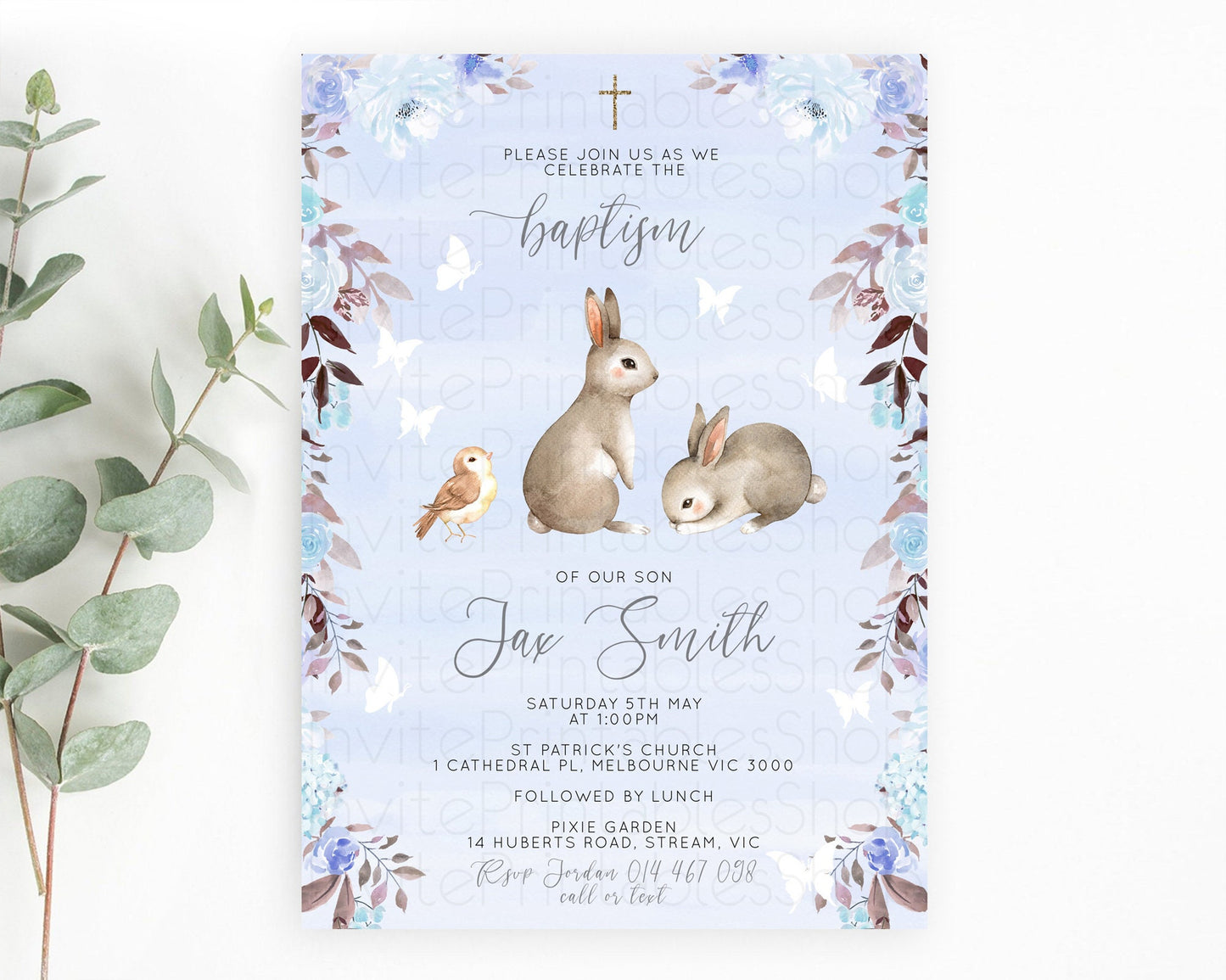 Bunny Baptism Invitation Floral Bunny Baptism 1st Birthday Invitation Pastel Bunny Christening Invite Watercolor Forest Bunny Party  D10923