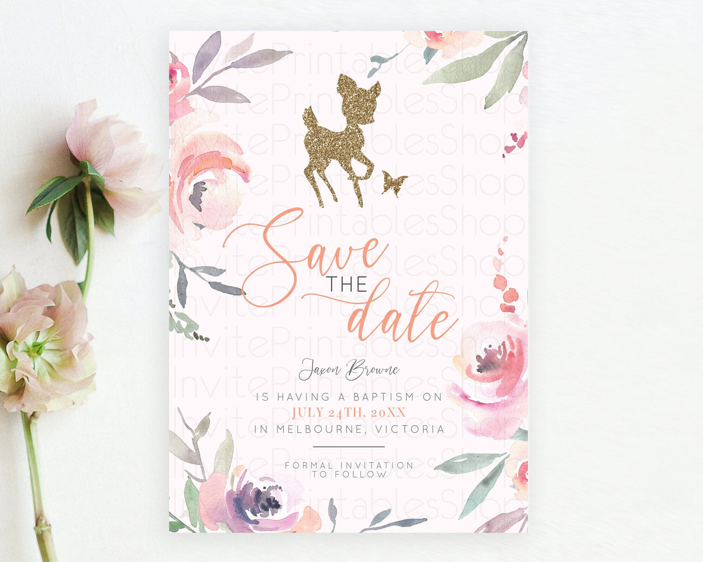 Fawn Deer Save The Date Template Pastel Floral Deer Enchanted Forest Butterfly Party 1st Birthday Baptism Baby Shower Bridal Shower D10196