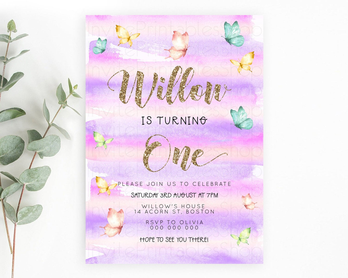 Pastel Butterfly Birthday Invitation Butterfly Birthday Invitation Colorful Splash Glitter Butterfly Garden 1st 2nd Birthday D23219