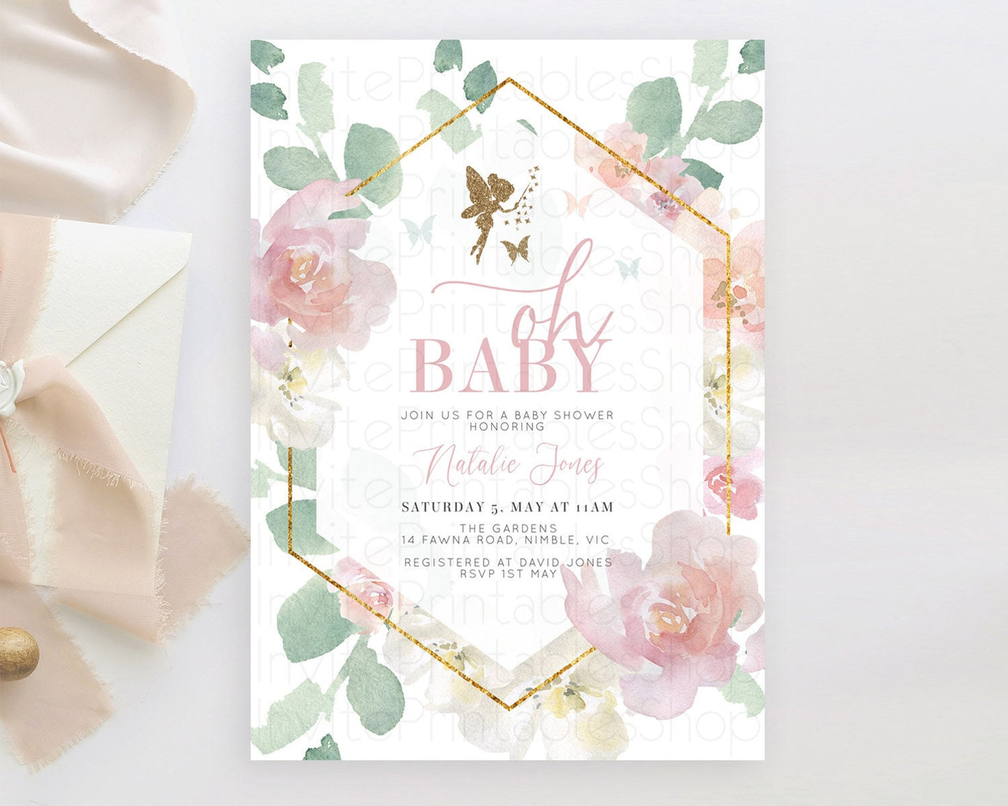 Fairy Baby Shower Invitation: Soft Pink Floral Tea Party, Enchanted Fairy Garden Flowers with Gold Glitter - Secret Garden Theme D10965