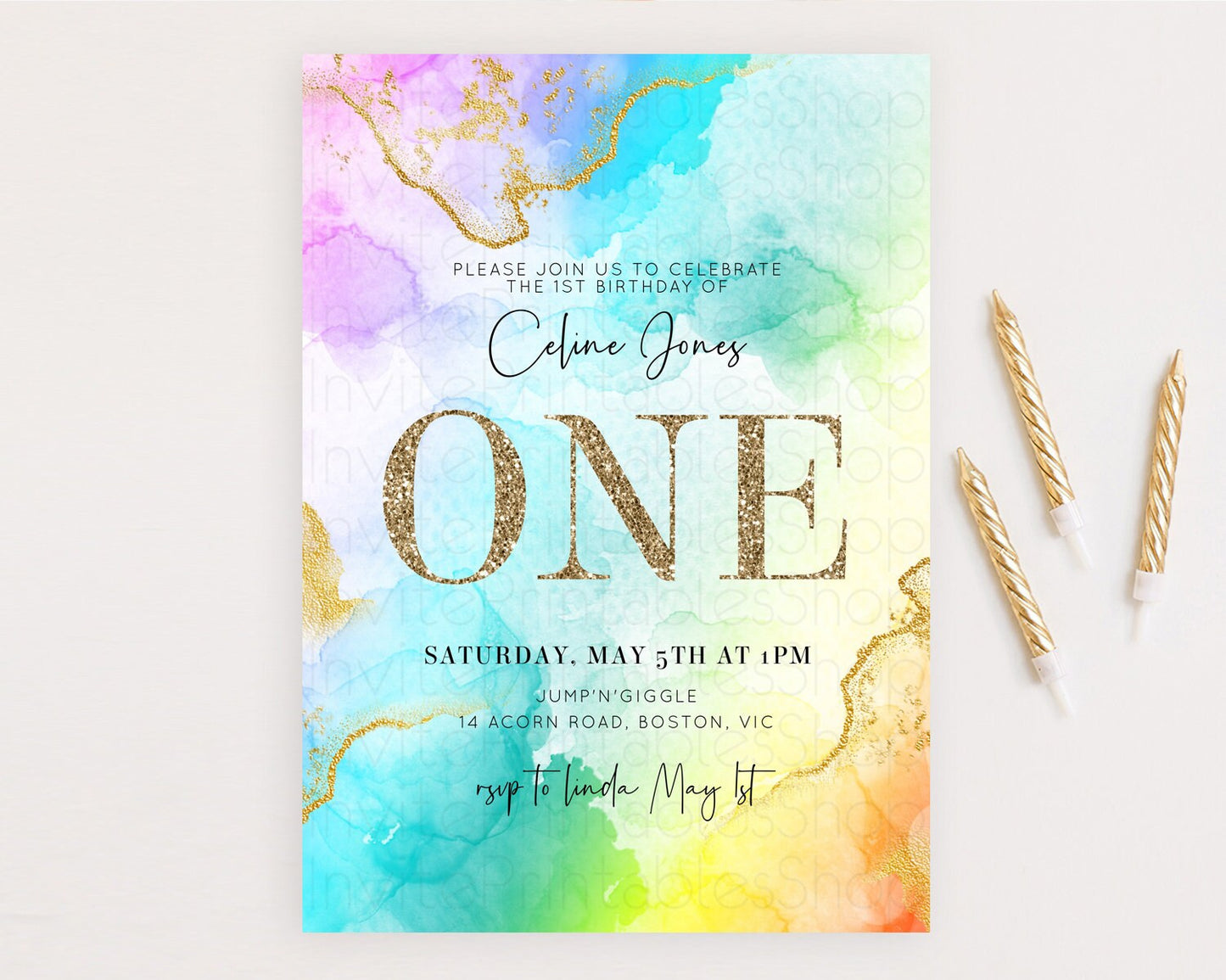 Rainbow Birthday Invitation Colorful Pastel Watercolor Invitation Gold Glitter Sprinkles Ombre Pastel 1st 2nd 3rd Birthday D10393