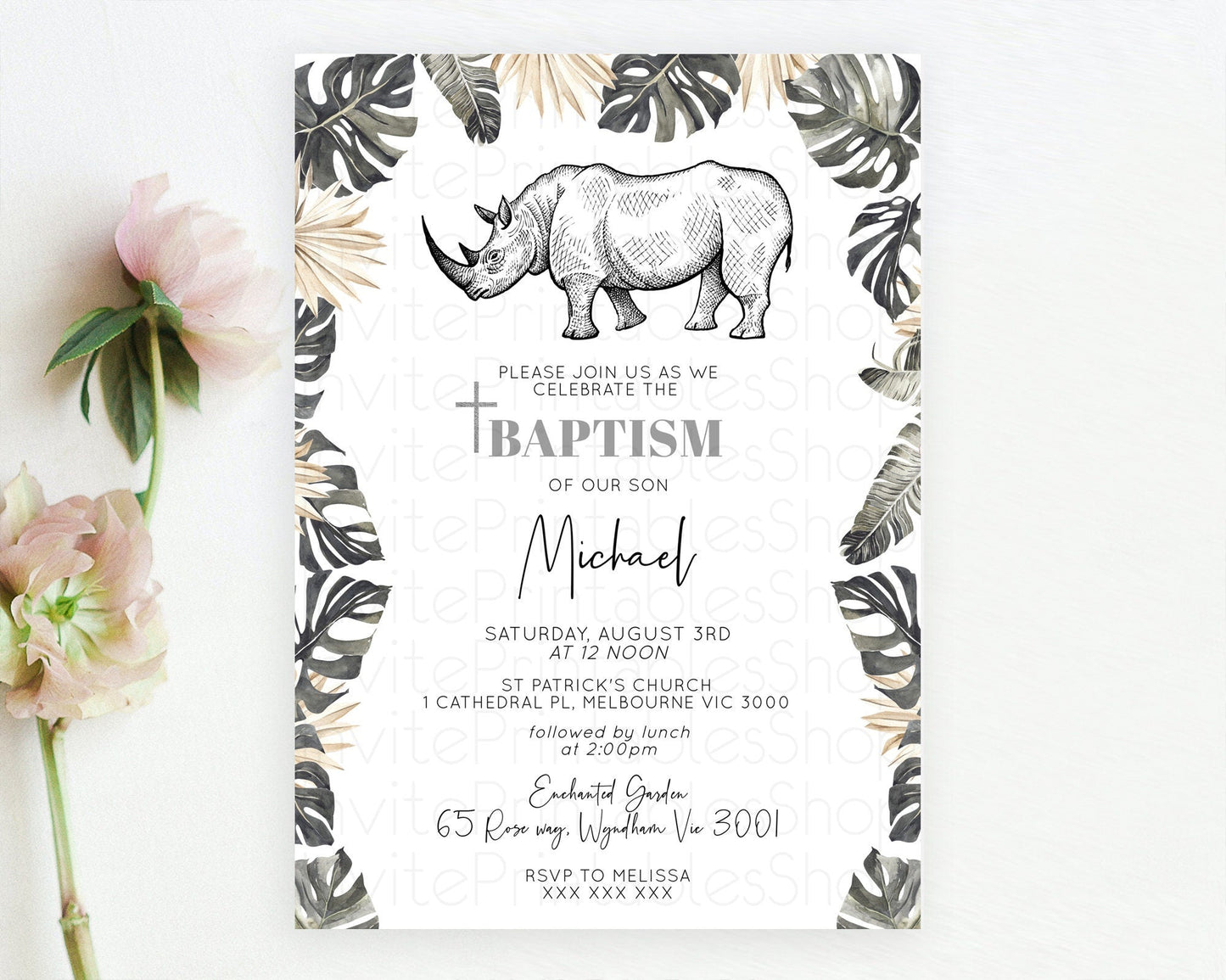 Rhino Baptism Invitation Rhino Baptism 1st Birthday Invitation Rhino Safari Adventure Christening Invitation Palm Leaf Invite Zoo D10826