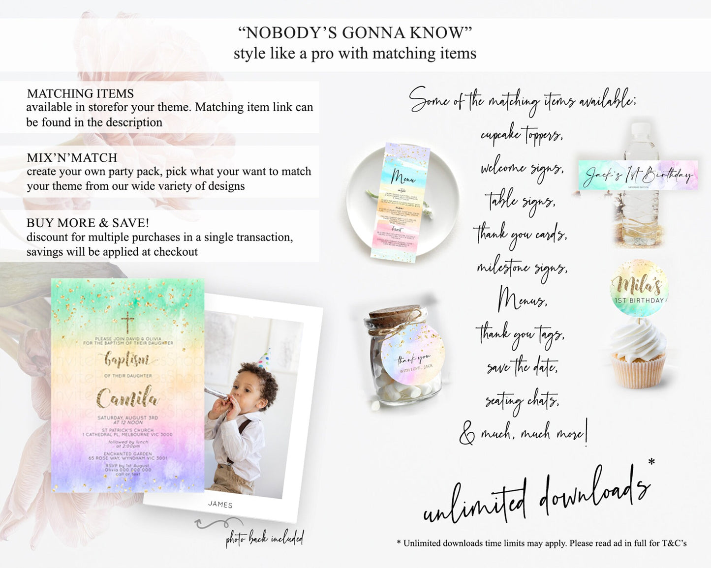 Pastel Baptism Invitation Pastel Colors Watercolor Baptism 1st Birthday Party Gold Ombre Pastel Rainbow Christening Holy Communion D10478