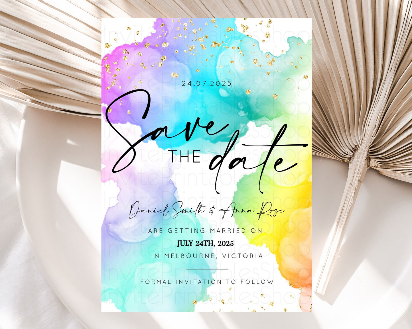 Pastel Save The Date Template Pastel Ombre Rainbow Watercolor Colorful Party For Birthday Baptism Baby Shower Wedding Bridal Shower D10213