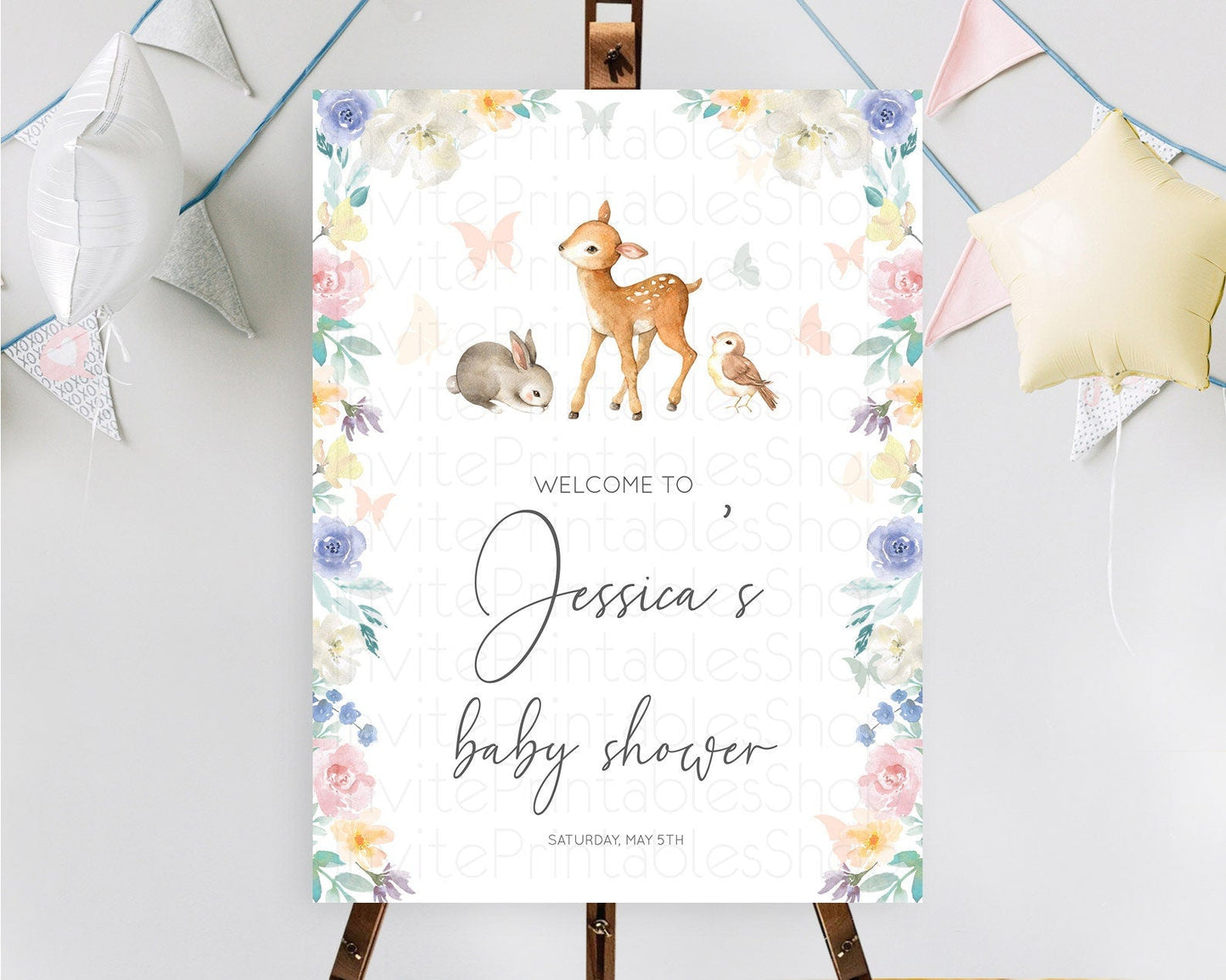 Fawn Baby Shower Welcome Sign Deer Welcome Board Floral Deer Welcome Poster Enchanted Forest Butterfly Pastel Floral Welcome Sign D10930