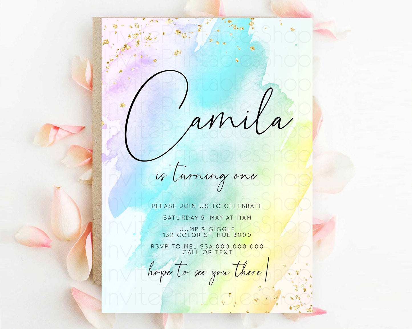 Rainbow Birthday Invitation Colorful Pastel Watercolor Invitation Gold Glitter Sprinkles Ombre Pastel 1st 2nd 3rd Birthday D10773