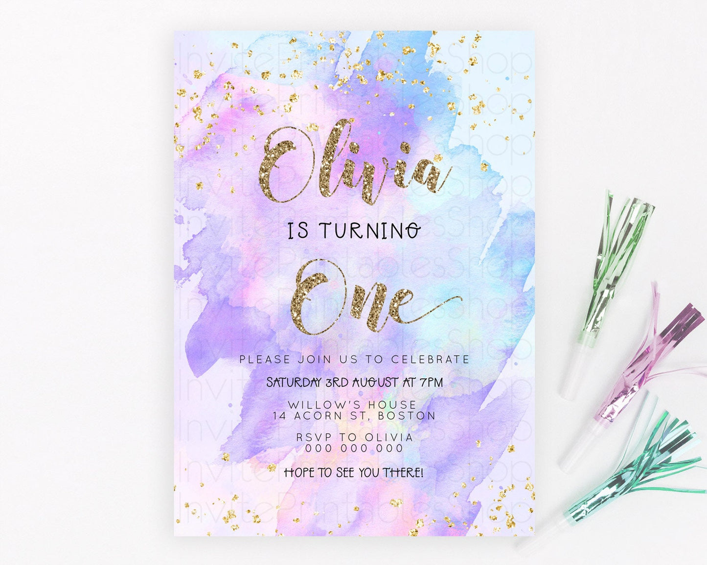 Rainbow Birthday Invitation Colorful Pastel Watercolor Invitation Gold Glitter Sprinkles Ombre Pastel 1st 2nd 3rd Birthday D23296