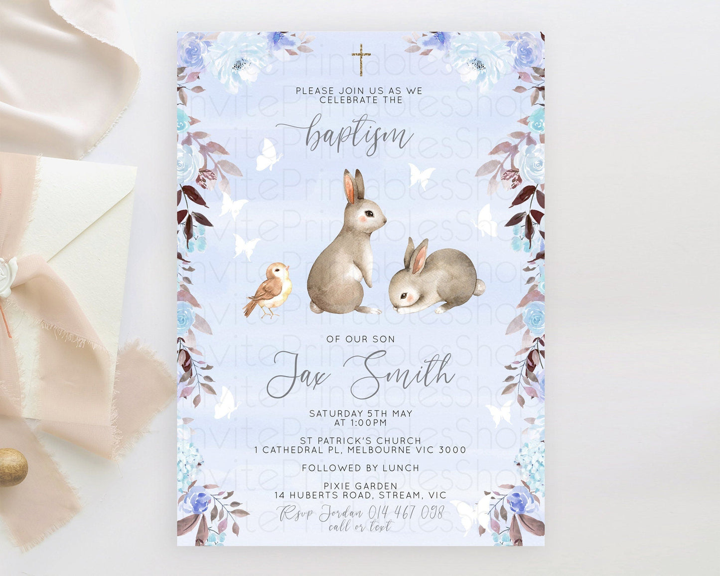 Bunny Baptism Invitation Floral Bunny Baptism 1st Birthday Invitation Pastel Bunny Christening Invite Watercolor Forest Bunny Party D10923