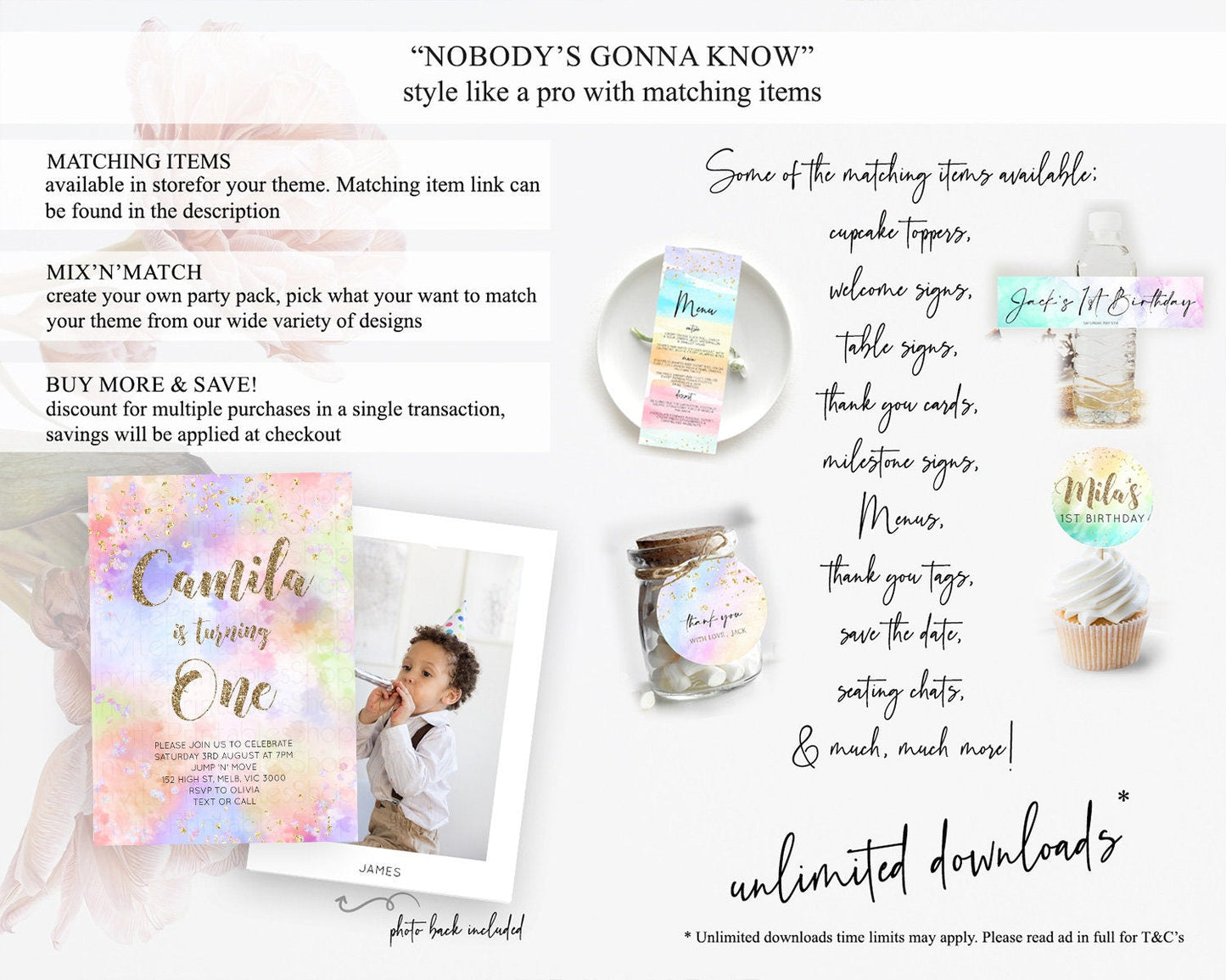 Rainbow Birthday Invitation Colorful Pastel Watercolor Invitation Gold Glitter Sprinkles Ombre Pastel 1st 2nd 3rd Birthday D11019