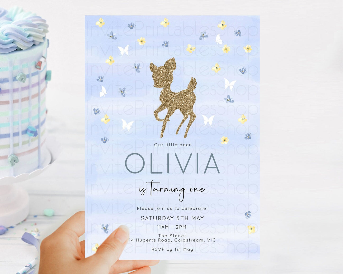 Fawn Birthday Invitation Deer Birthday Invitation Enchanted Forest Party Butterfly Pastel Flowers Whimsical 2nd 1st First Birthday D10863