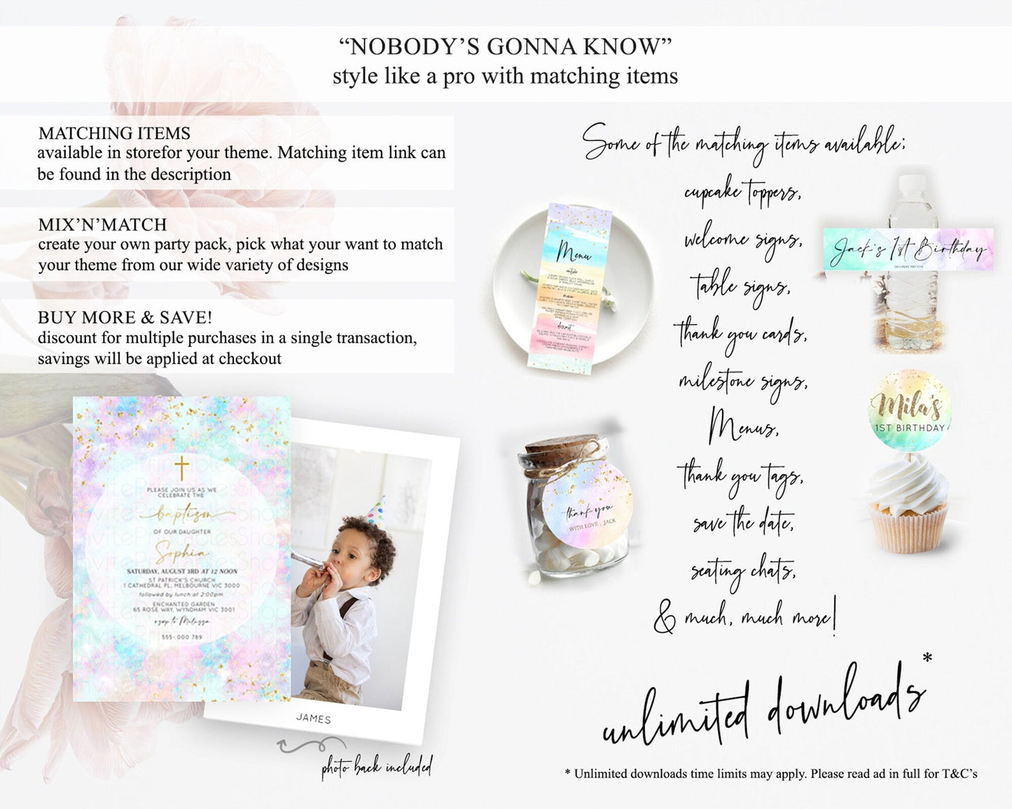 Pastel Baptism Invitation Pastel Colors Watercolor Baptism 1st Birthday Party Gold Ombre Pastel Rainbow Christening Holy Communion D10652