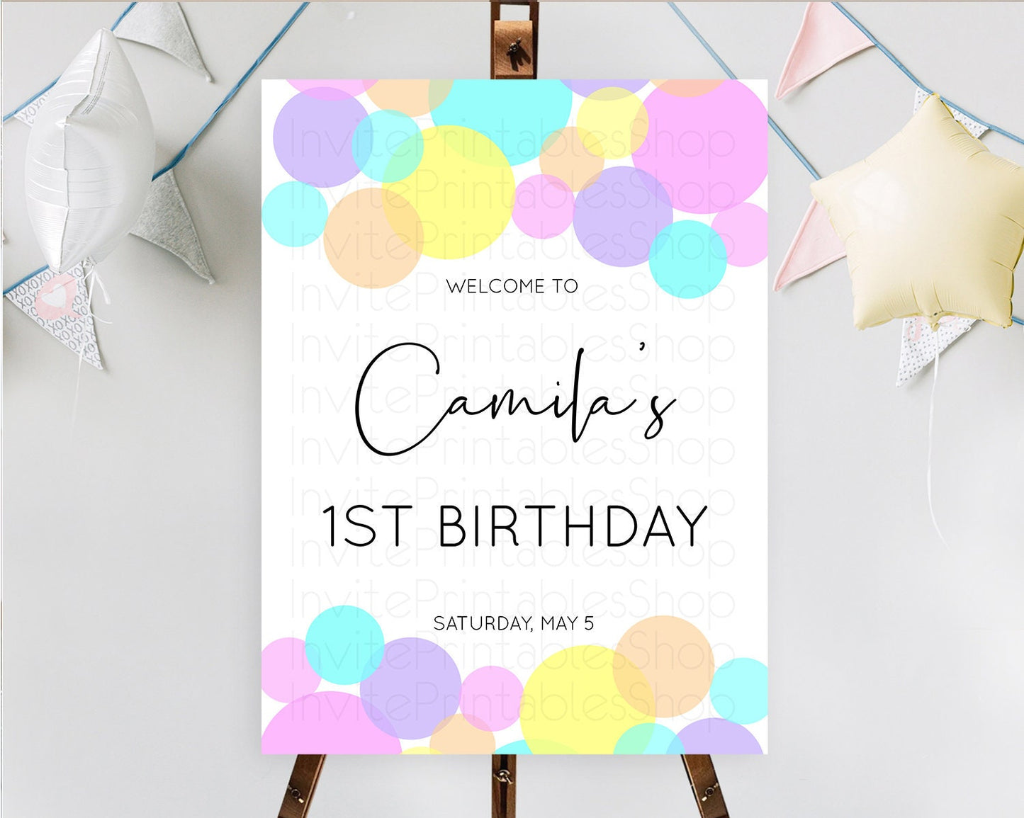 Rainbow Welcome Sign Pastel Welcome Board Pastel Rainbow Confetti Welcome Sign Colorful Bubbles Pastel First Birthday Welcome Sign D10406