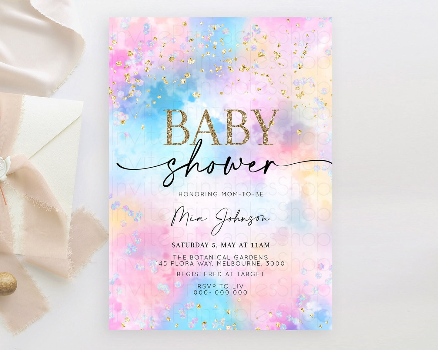Pastel Baby Shower Invitation Rainbow Baby Shower Invitation Colorful Pastel Watercolor Invitation Gold Glitter Sprinkles Ombre D10607