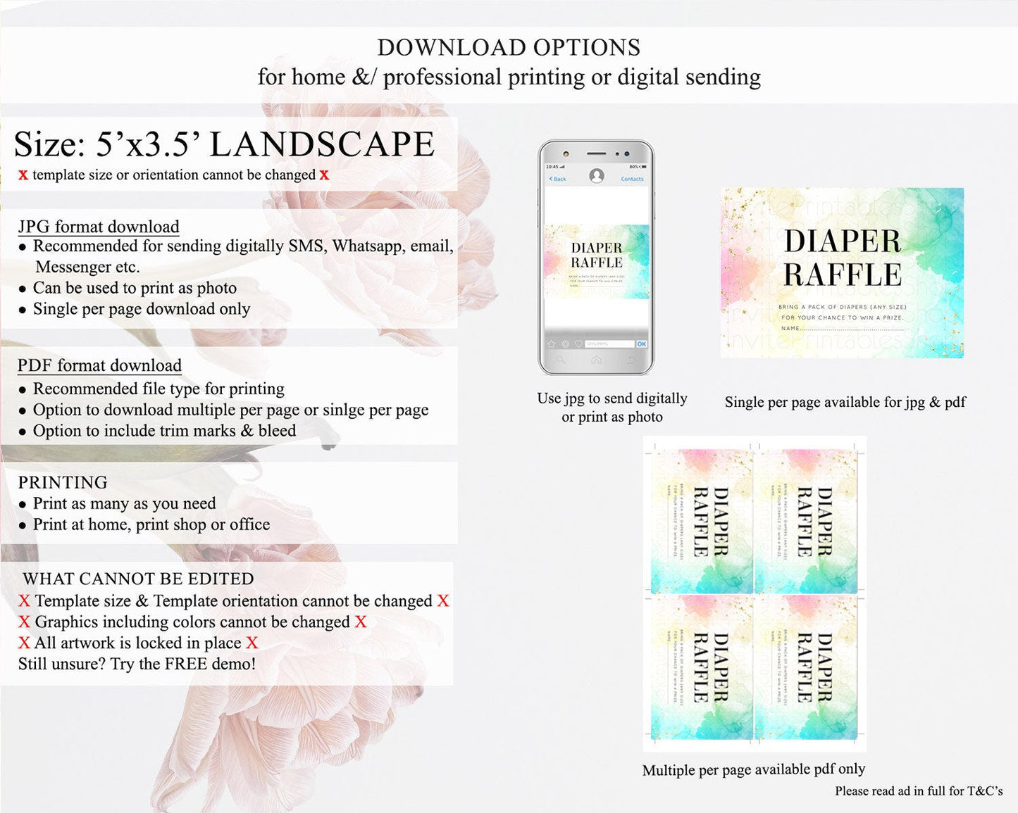Pastel Diaper Raffle Card Pastel Rainbow Diaper Raffle Insert Colorful Ombre Watercolor Diaper Ticket Confetti Glitter Raffle Game D10770