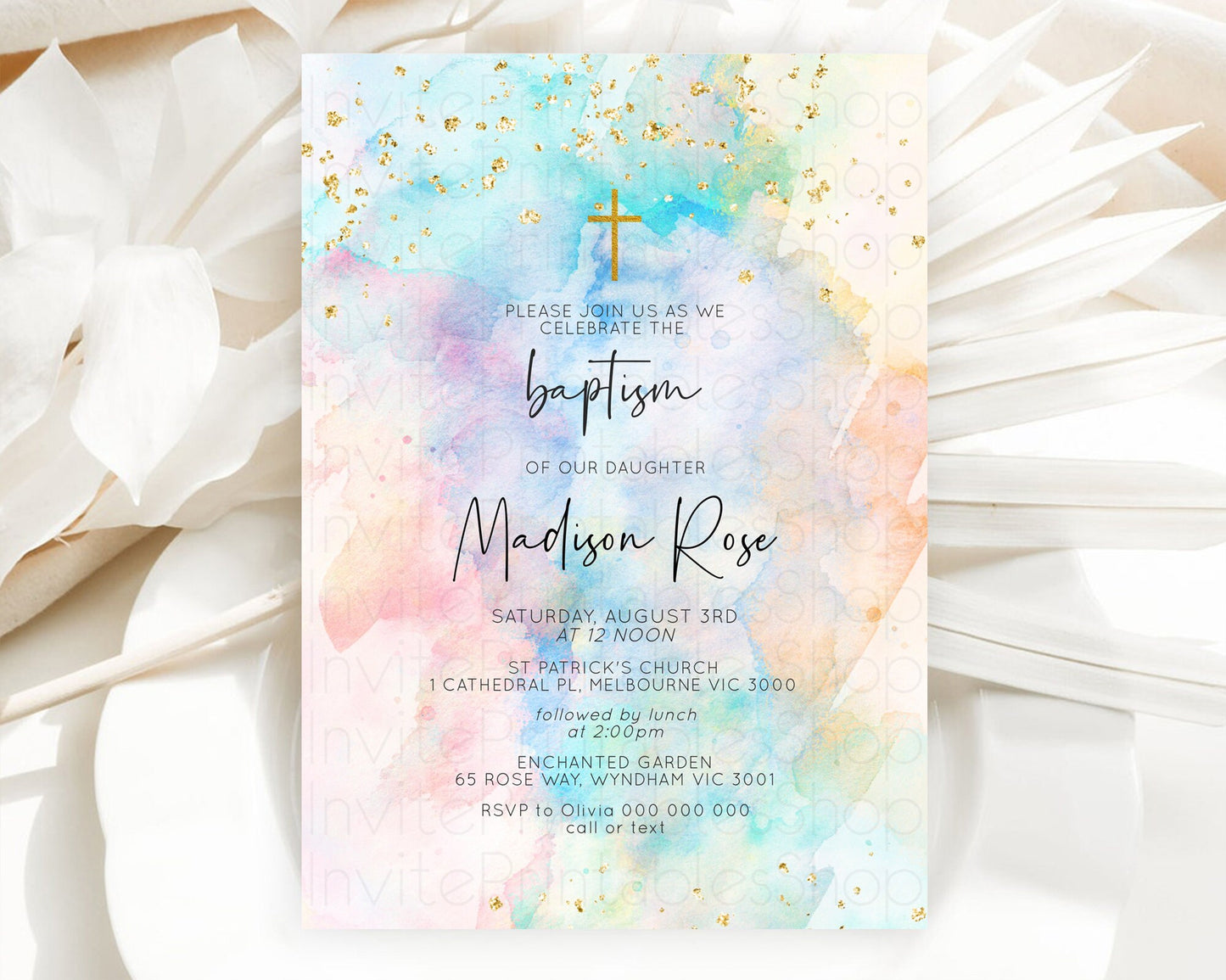 Pastel Baptism Invitation Pastel Colors Watercolor Baptism 1st Birthday Party Gold Ombre Pastel Rainbow Christening Holy Communion D10266