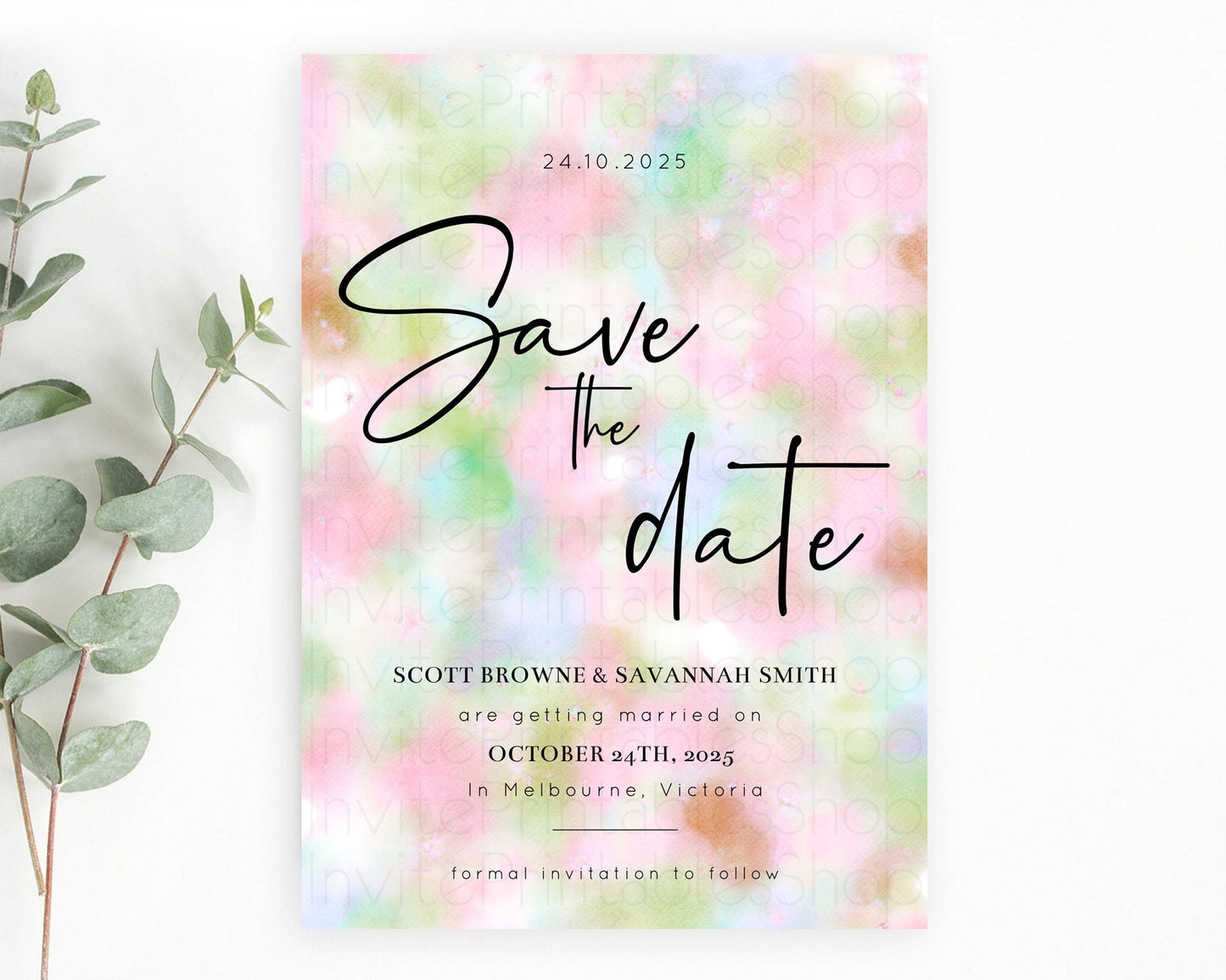 Pastel Save The Date Template Pastel Ombre Rainbow Watercolor Colorful Party For Birthday Baptism Baby Shower Wedding Bridal Shower D10698