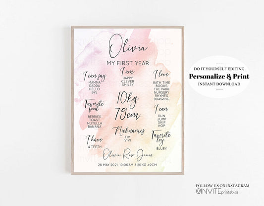 Watercolor Pink Baby Milestone Board First Birthday Poster Welcome Board 1st Birthday Baby Keepsake Milestone Sign Paint Splash Ombre 145