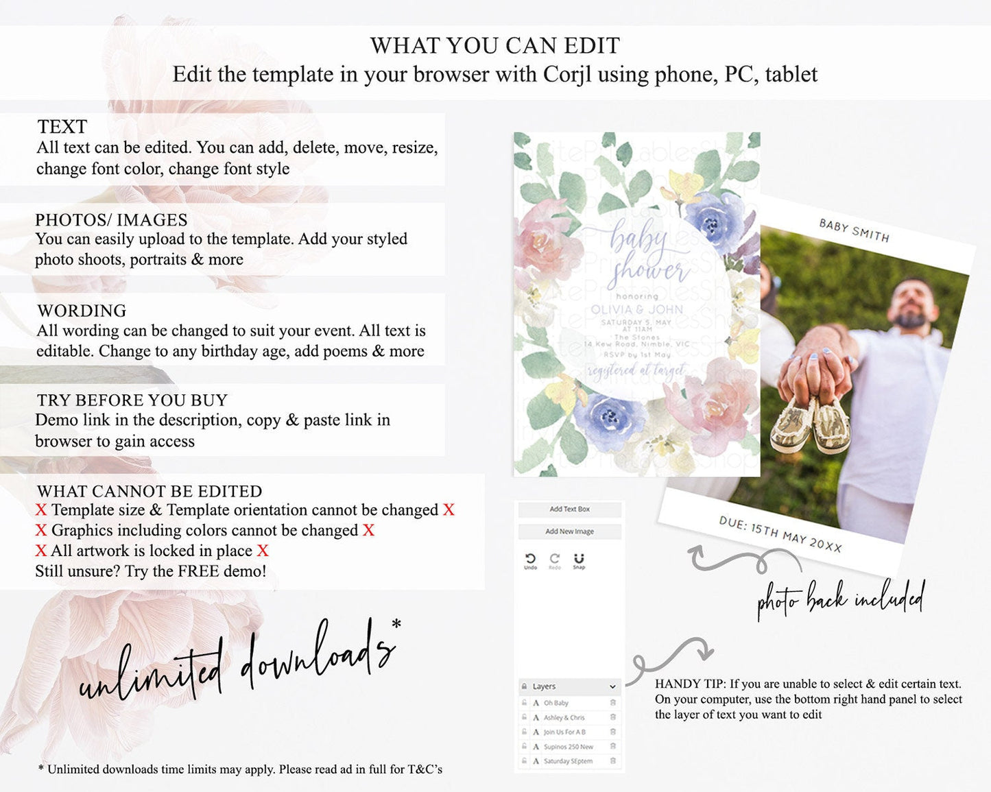 Enchanted Garden Baby Shower Invitation, Wildflower, Blooms, Secret Garden Pastel Pink Blue Flowers, Elegant Floral Botanical Theme D10860