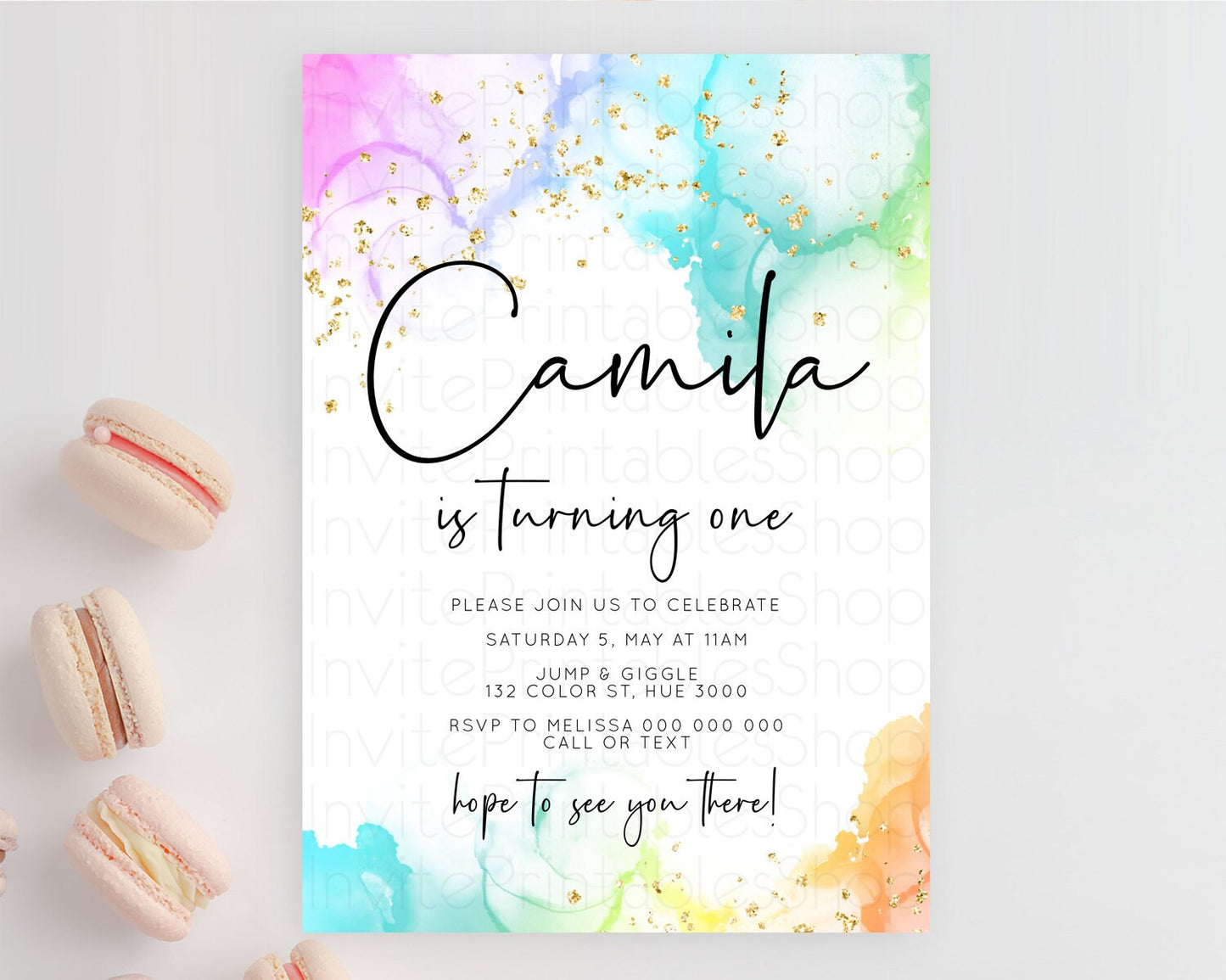 Rainbow Birthday Invitation Colorful Pastel Watercolor Invitation Gold Glitter Sprinkles Ombre Pastel 1st 2nd 3rd Birthday D10181