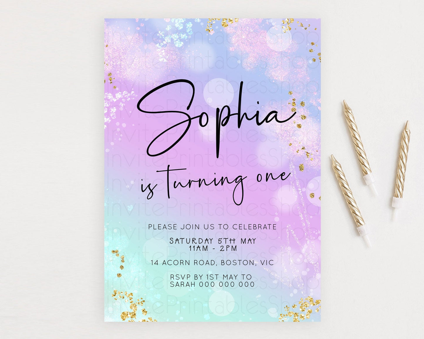 Pastel Birthday Invitation Ombre Watercolor Birthday Invitation Glitter Rainbow Color Splash 1st 2nd 3rd Birthday Invitation D23109