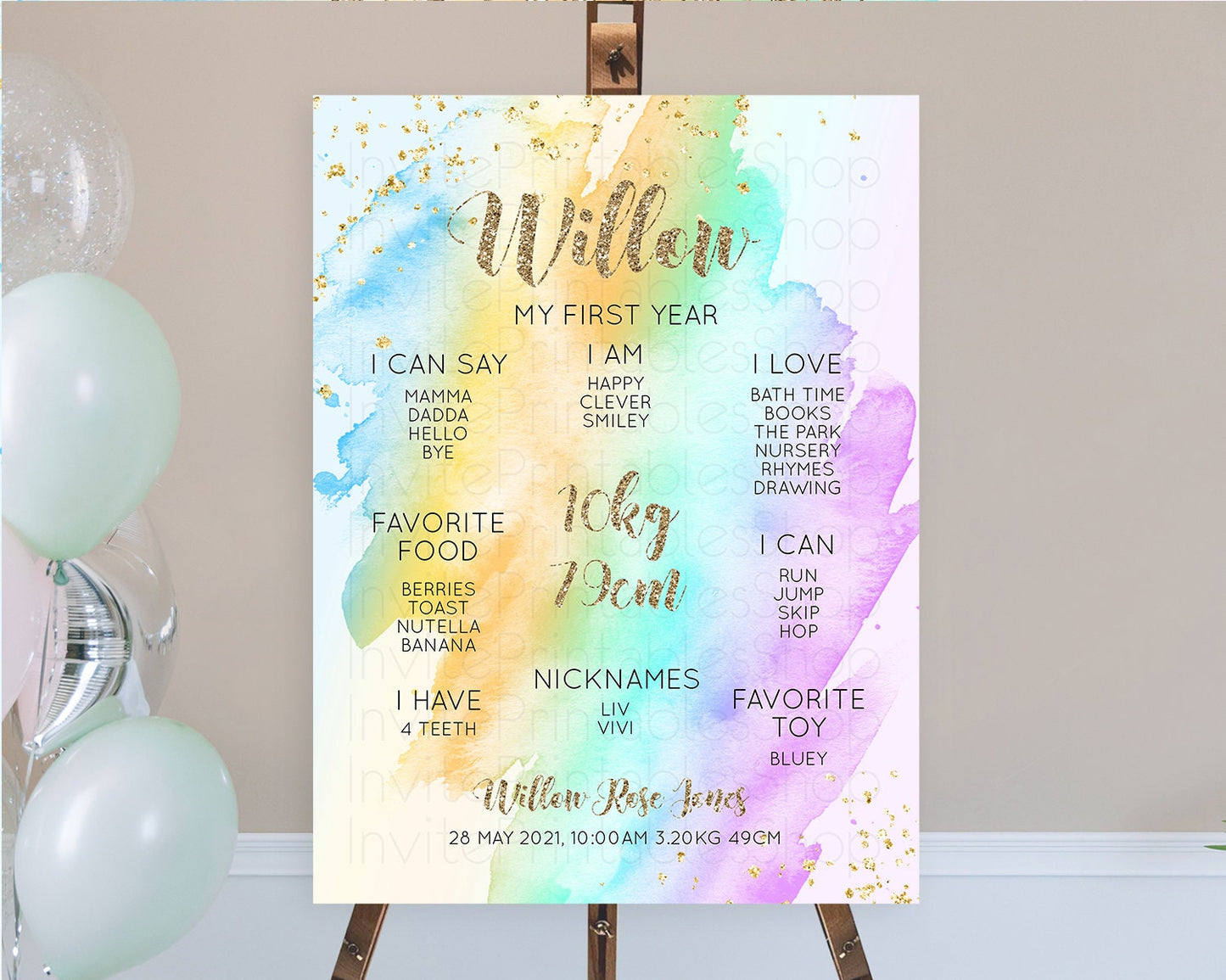 Pastel First Birthday Milestone Board Pastel Rainbow Milestone Poster Colorful Confetti Watercolor Glitter 1st Birthday Welcome Sign D10426