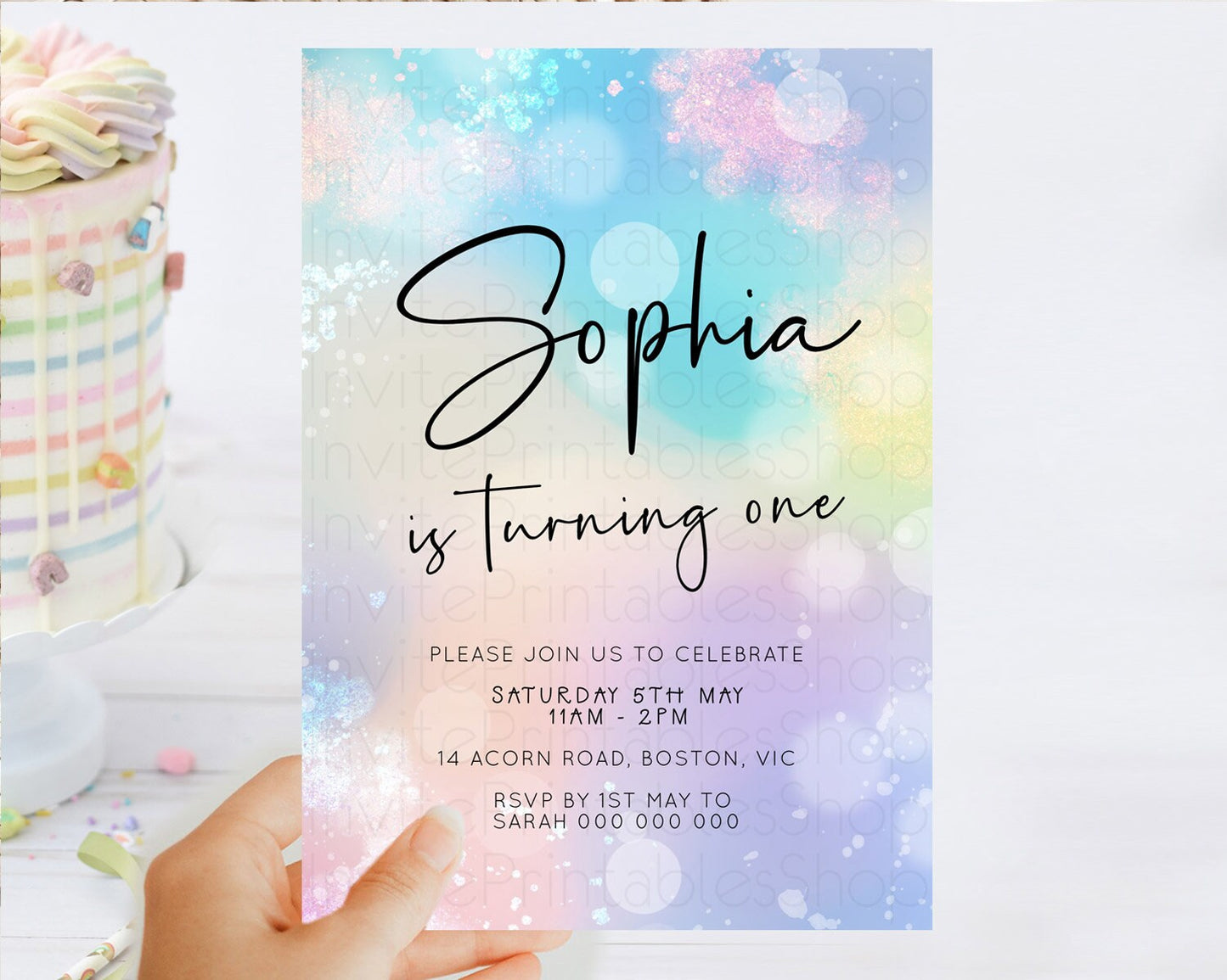 Pastel Birthday Invitation Ombre Watercolor Birthday Invitation Glitter Rainbow Color Splash 1st 2nd 3rd Birthday Invitation D23111