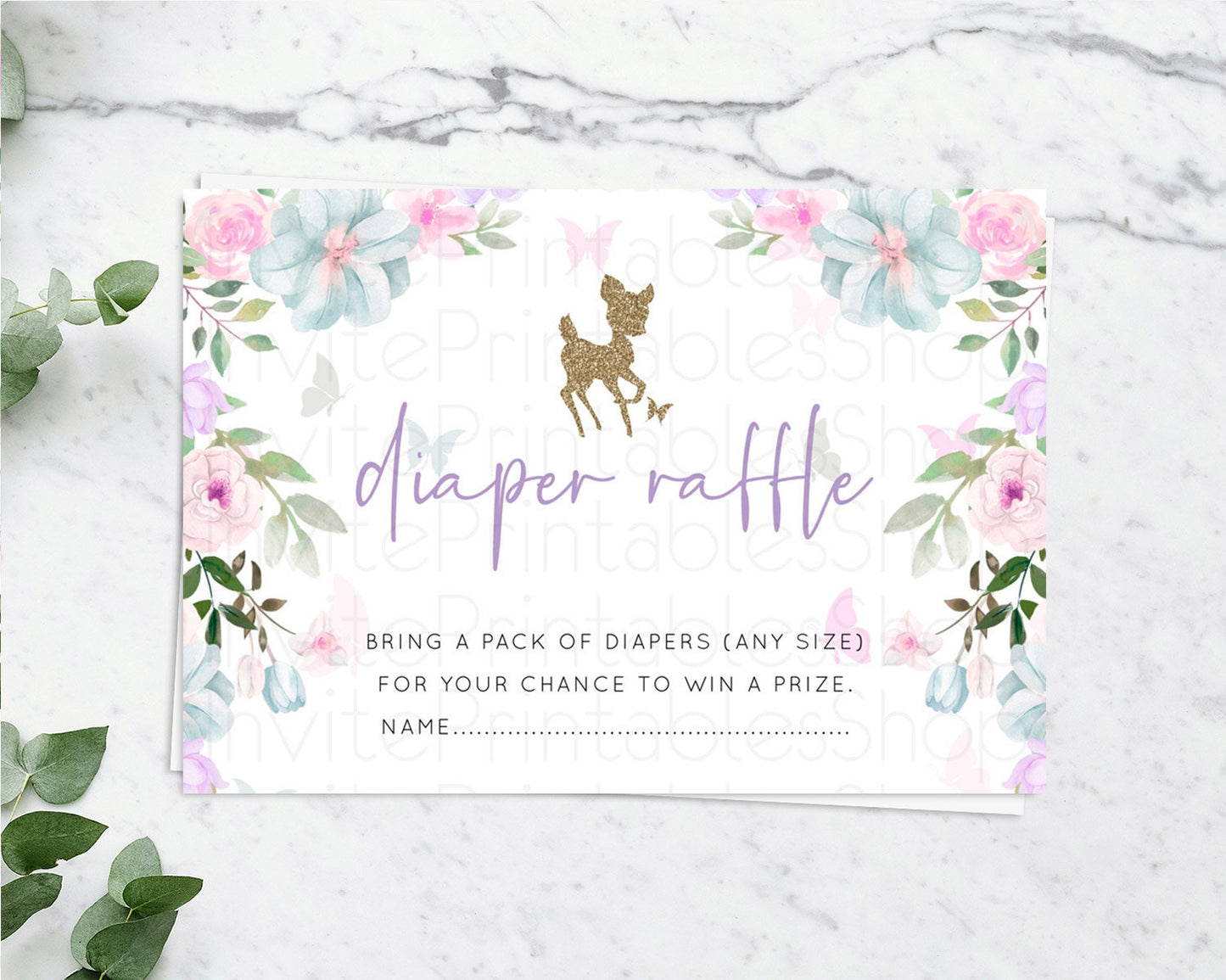 Fawn Diaper Raffle Card Deer Diaper Insert Floral Deer Diaper Ticket Enchanted Forest Butterfly Pastel Baby Shower Raffle Game D10476