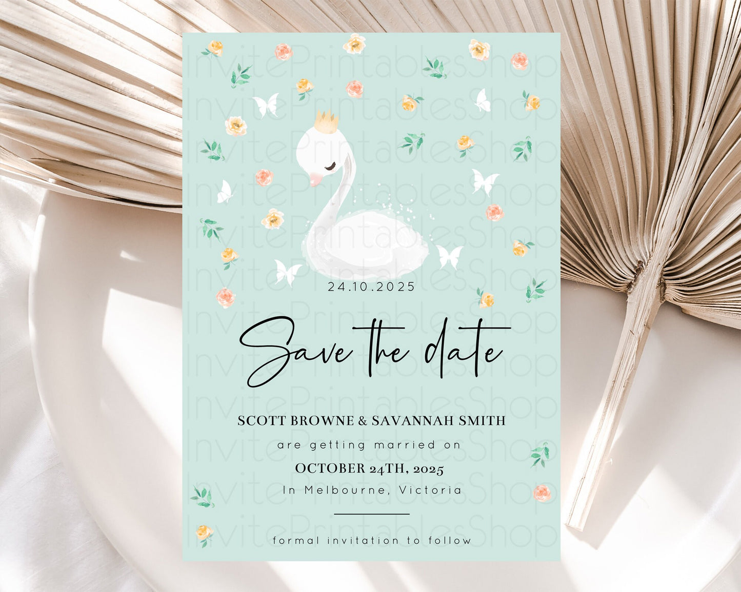 Swan Save The Date Template Swan Princess Ballet Party Enchanted Swan Lake Secret Garden Pastel Floral Birthday Baptism Baby Shower  D10905