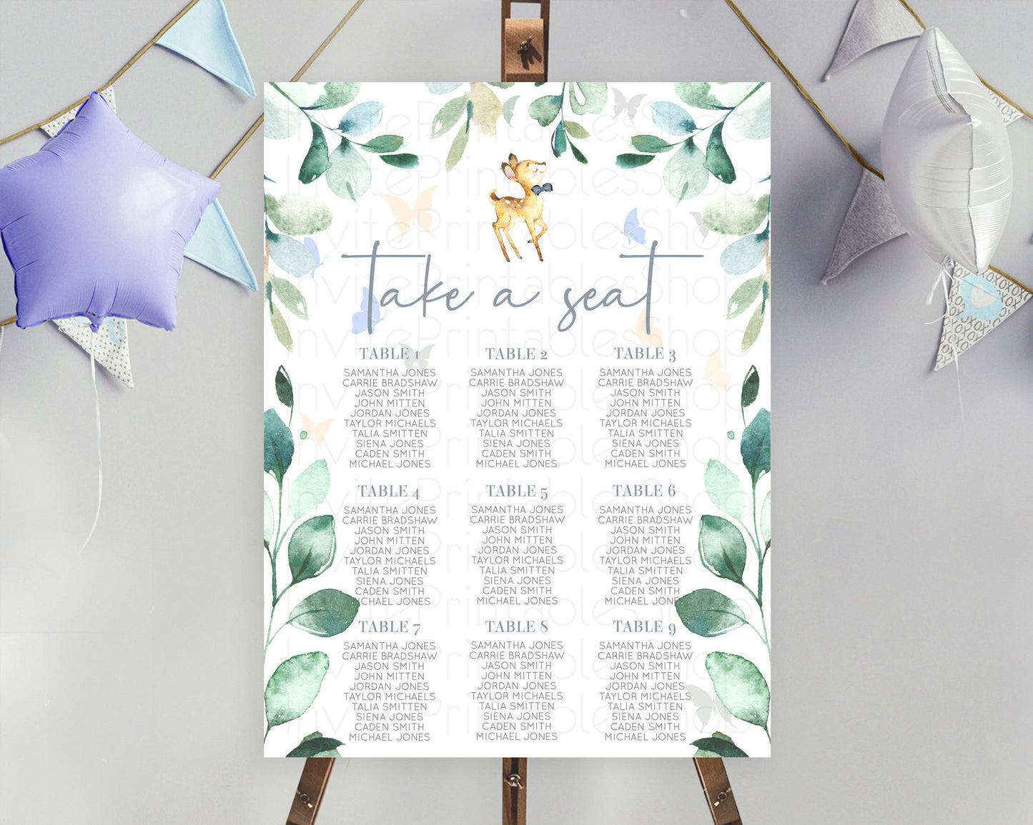 Fawn Seating Chart Deer Seating Chart Enchanted Forest Party Butterfly Pastel Flowers Whimsical Seating Chart Woodland Seating Sign D10767