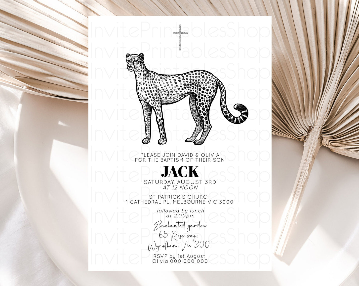 Cheetah Baptism Invitation Cheetah Baptism 1st Birthday Invitation Cheetah Safari Adventure Christening Party Palm Leaf Zoo Cheetah D10290