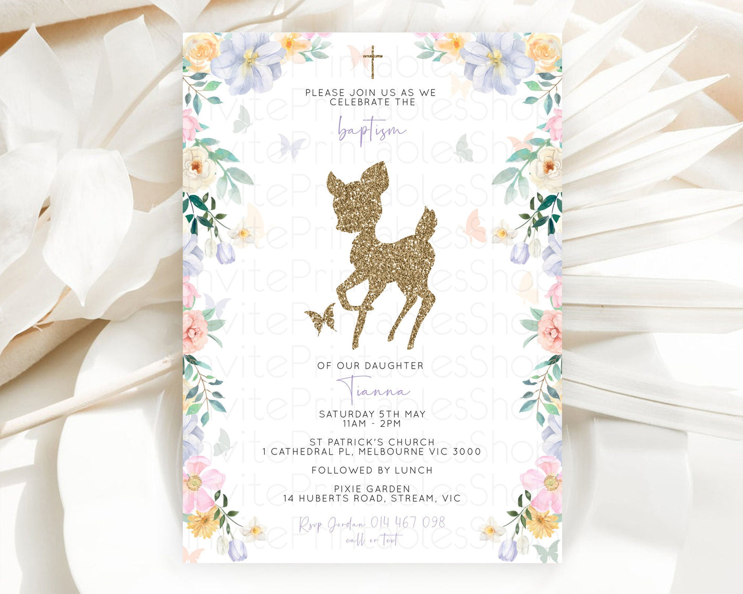 Fawn Baptism Invitation Deer Baptism 1st Birthday Invitation Enchanted Forest Christening Invitation Pastel Garden Butterfly Floral D10477