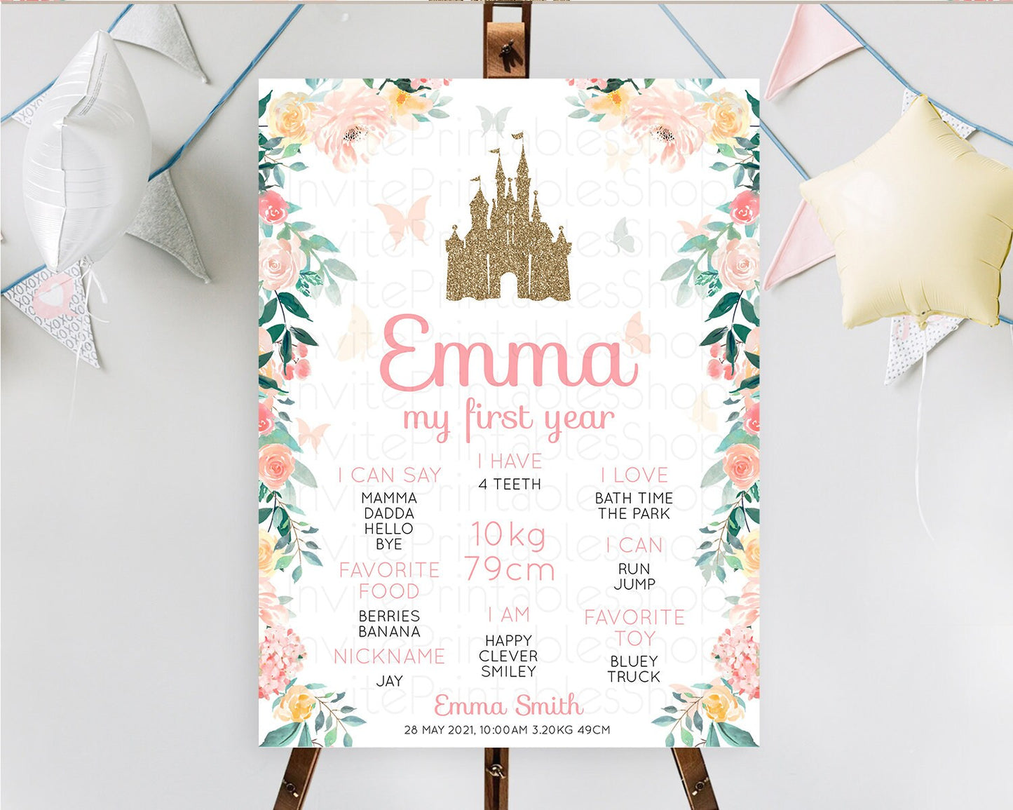 Princess First Birthday Milestone Poster Castle Milestone Board Secret Garden Enchanted Castle Pastel Floral Garden First Birthday D10429