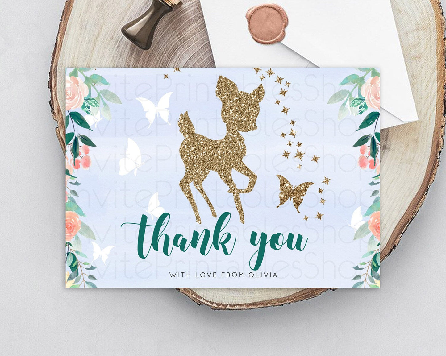 Fawn Thank You Deer Thank You Card Pastel Floral Deer Birthday Thank You Card Enchanted Forest Butterfly Deer Teacher Thank You Card D10875