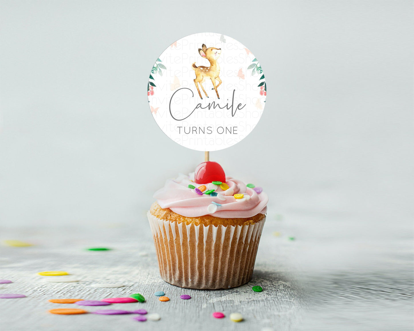 Fawn Cupcake Toppers Deer Cupcake Toppers Enchanted Forest Party Butterfly Pastel Flowers Woofland Cupcake Toppers First Birthday D10753