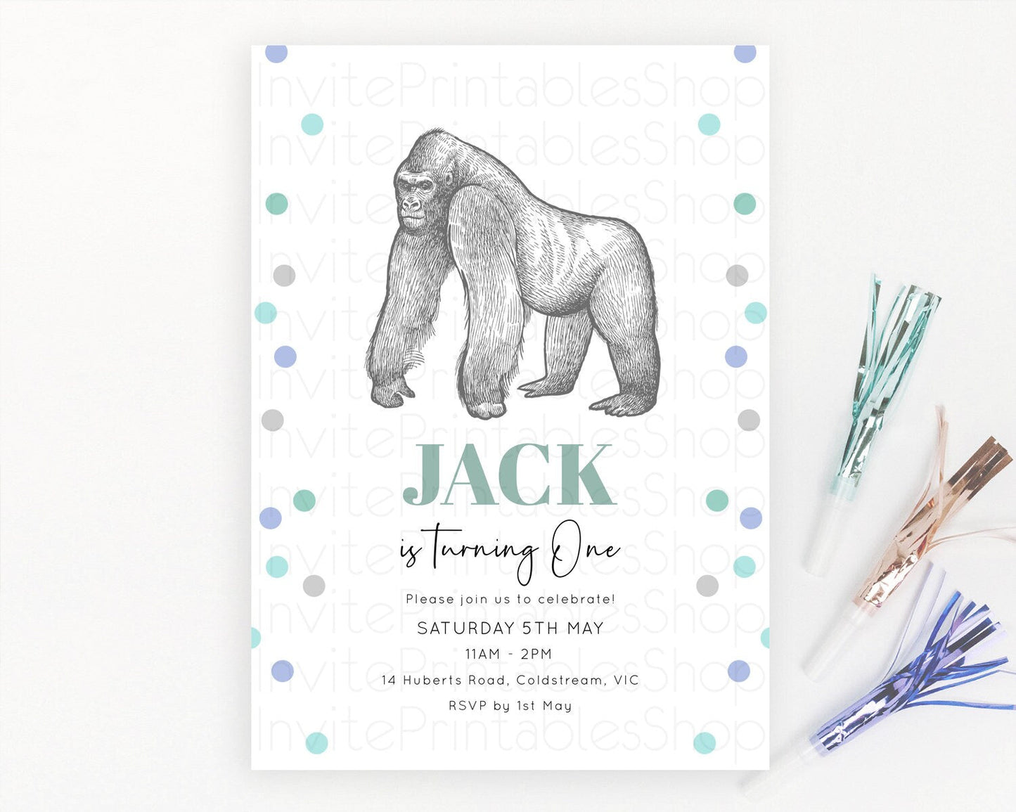 Gorilla Birthday Invitation Gorilla Invitation Gorilla Birthday Jungle Gorilla Party Jungle Adventure Zoo Party Animals Two Wild ONE D10854