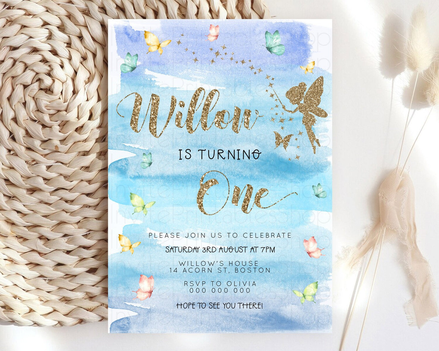 Pastel Fairy Birthday Invitation Pastel Butterflies Fairy Birthday Invitation Rainbow Ombre Watercolor 1st 2nd Birthday Invitation D23324