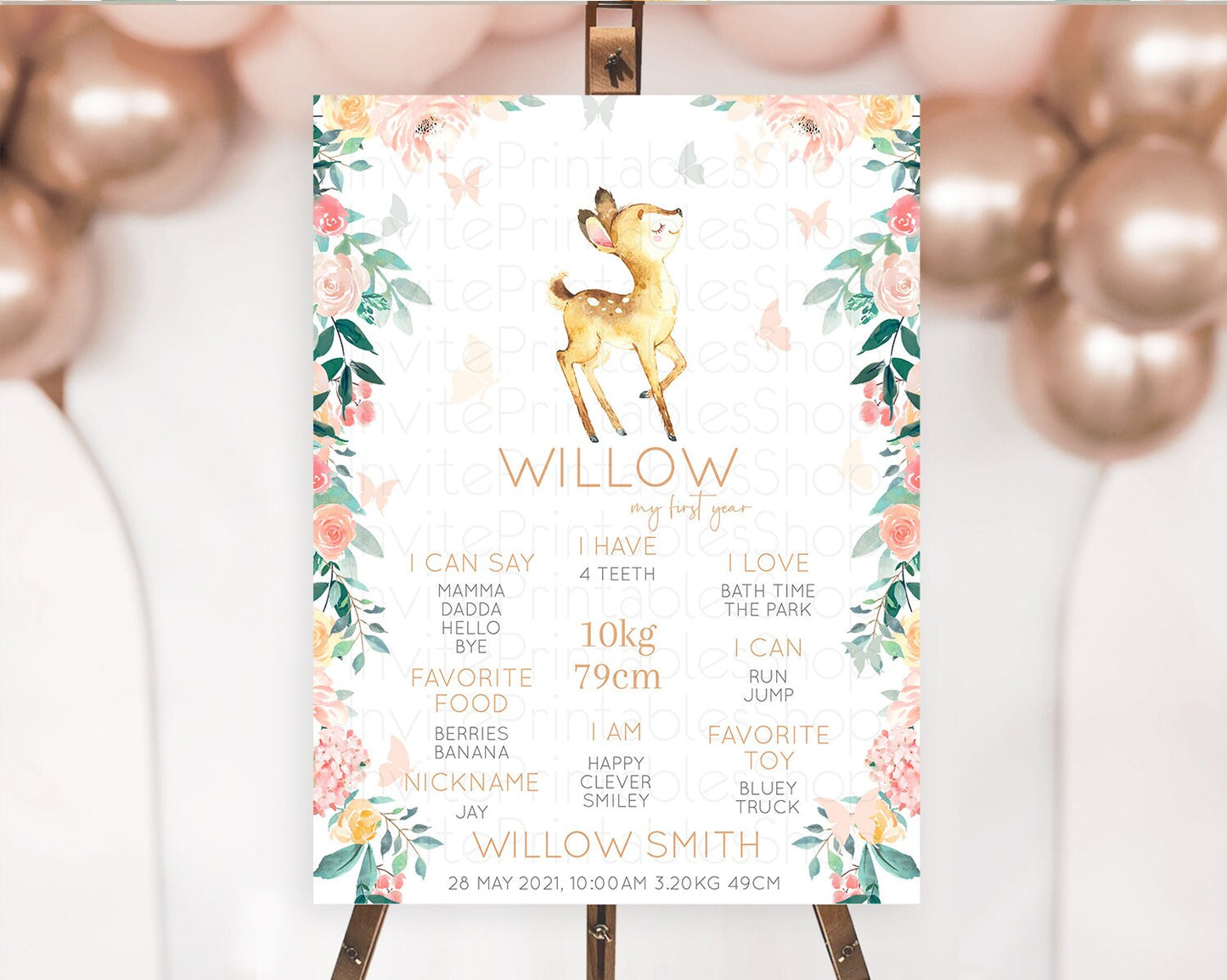 Fawn First Birthday Milestone Board Deer First Birthday Milestone Poster Enchanted Forest Butterfly Pastel Flowers 1st Birthday Sign D10753