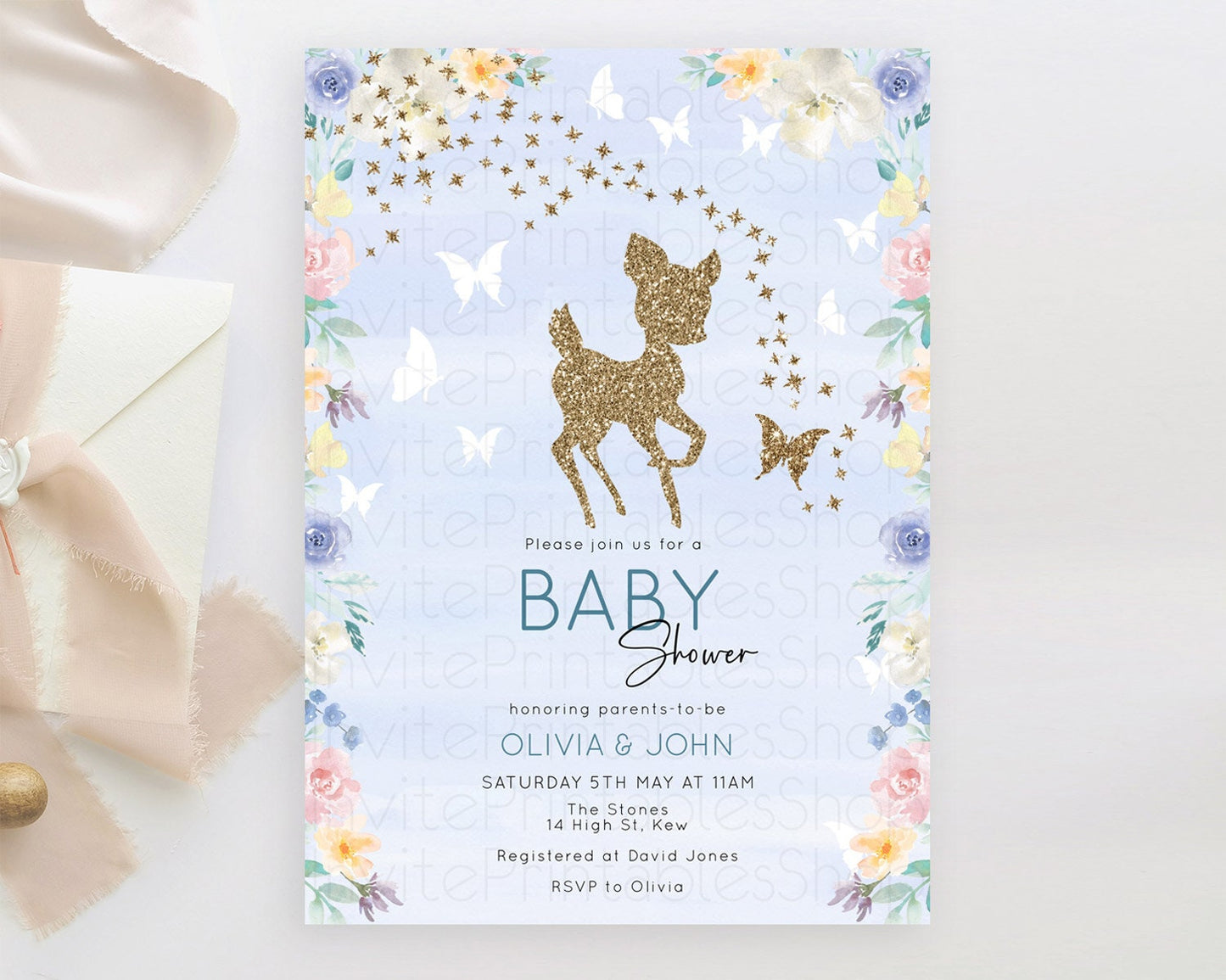 Deer Baby Shower Invitation, Enchanted Forest, Secret Garden, Butterfly, Whimsical Pastel Flowers - Blue Watercolor, Pink, Yellow D10879