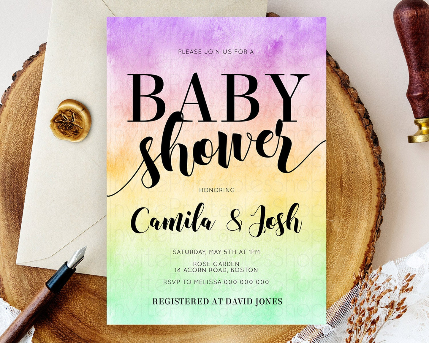 Pastel Baby Shower Invitation Rainbow Baby Shower Invitation Colorful Pastel Watercolor Invitation Gold Glitter Sprinkles Ombre D10512