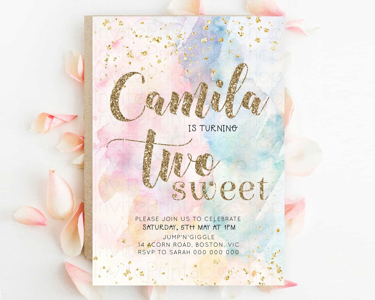 Rainbow Birthday Invitation Glitter Pastel Invitation Colorful Watercolor Gold Foil Splatter Sprinkle Ombre Two Sweet Invitation D10264