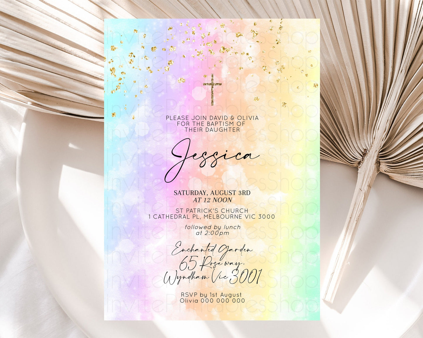 Pastel Baptism Invitation Pastel Colors Watercolor Baptism 1st Birthday Party Gold Ombre Pastel Rainbow Christening Holy Communion D10647