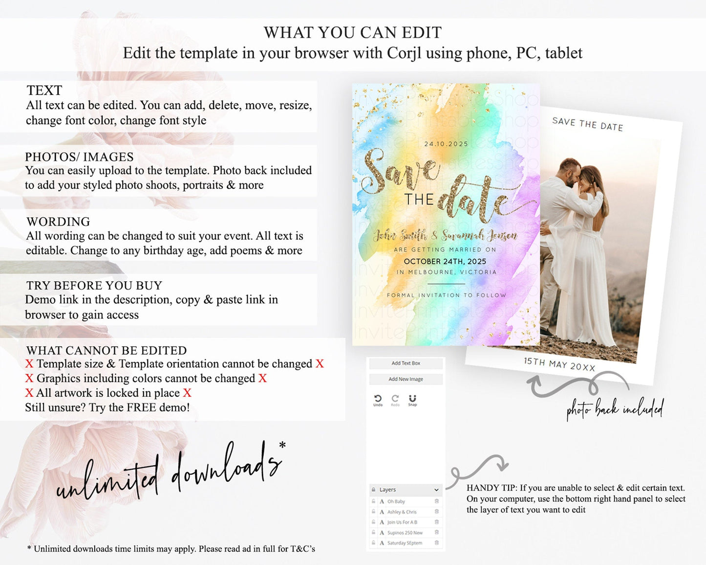 Pastel Save The Date Template Pastel Ombre Rainbow Watercolor Colorful Party For Birthday Baptism Baby Shower Wedding Bridal Shower D10426